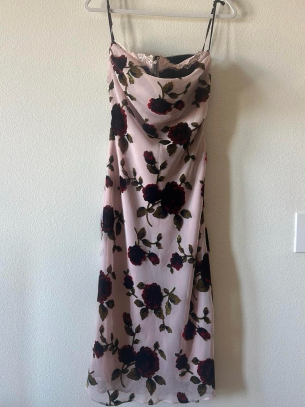 House of CB Blush Pink Slip Dress with Burgundy Rose Print